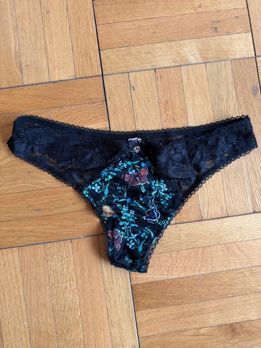 Black Lace Floral Thong with Teal Embroidery